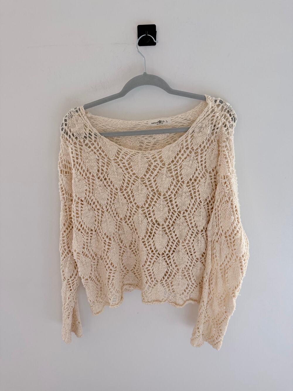 Natural Life Cream Boho Open Crochet Knit Weave Long Sleeve Pullover-Size L